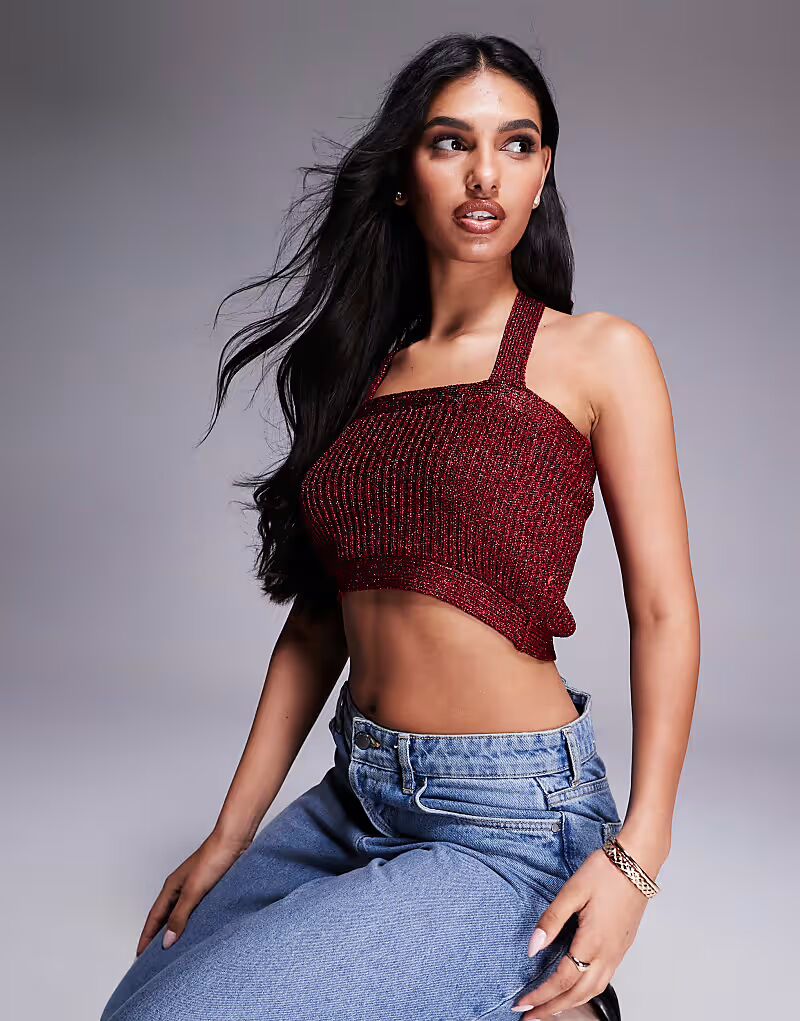 

Вязаный топ-халтер ASOS DESIGN из металлизированной пряжи бордового цвета