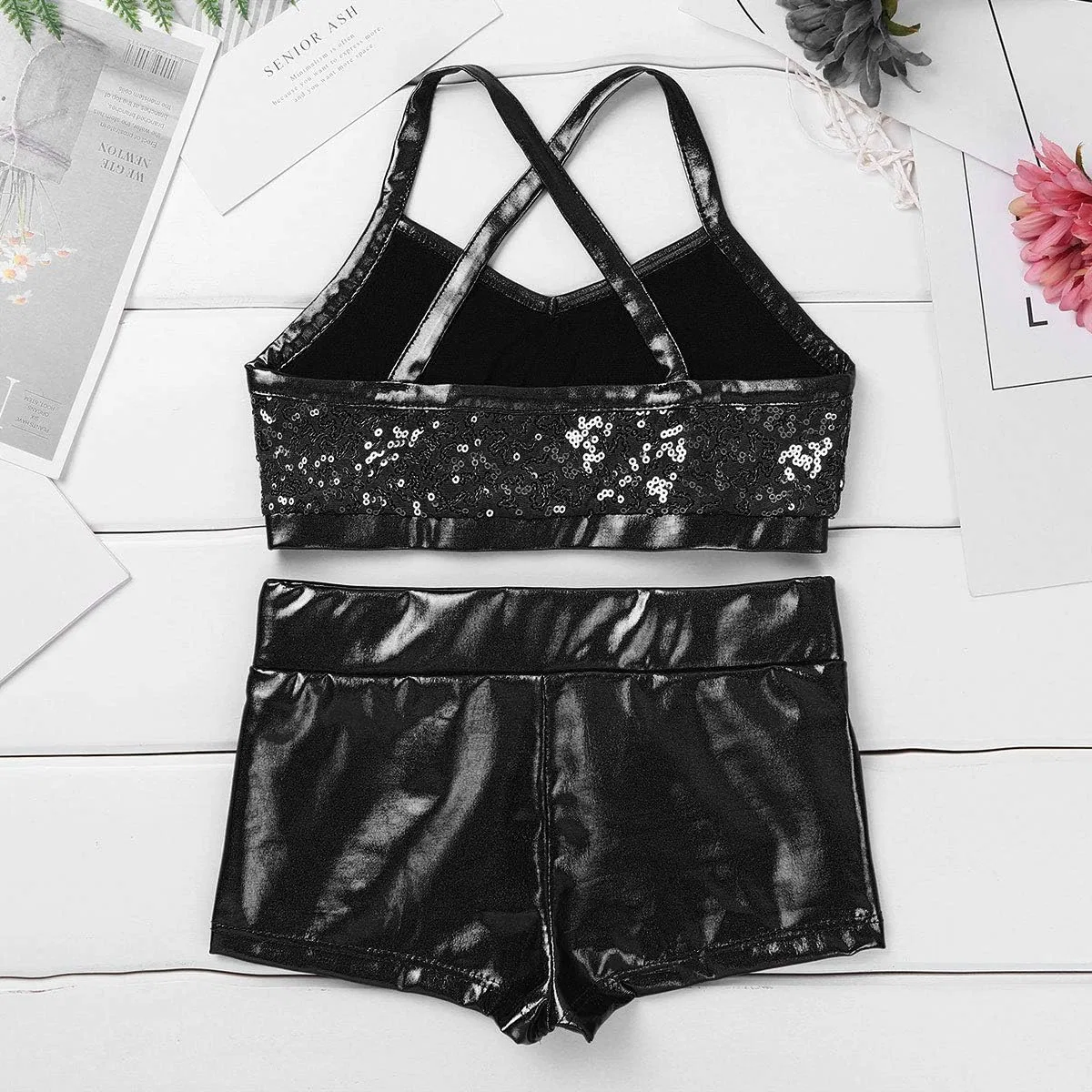 Детский спортивный костюм с пайетками Mufeng, топ и шорты, Black — фото 4