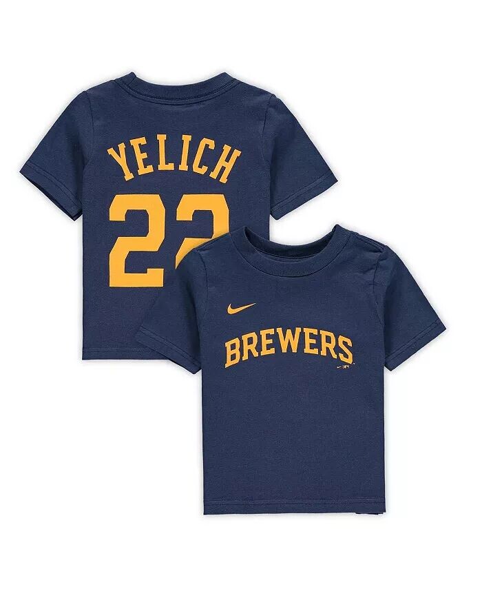

Футболка с именем и номером игрока Christian Yelich Navy Milwaukee Brewers для мальчиков и девочек для младенцев Nike, синий