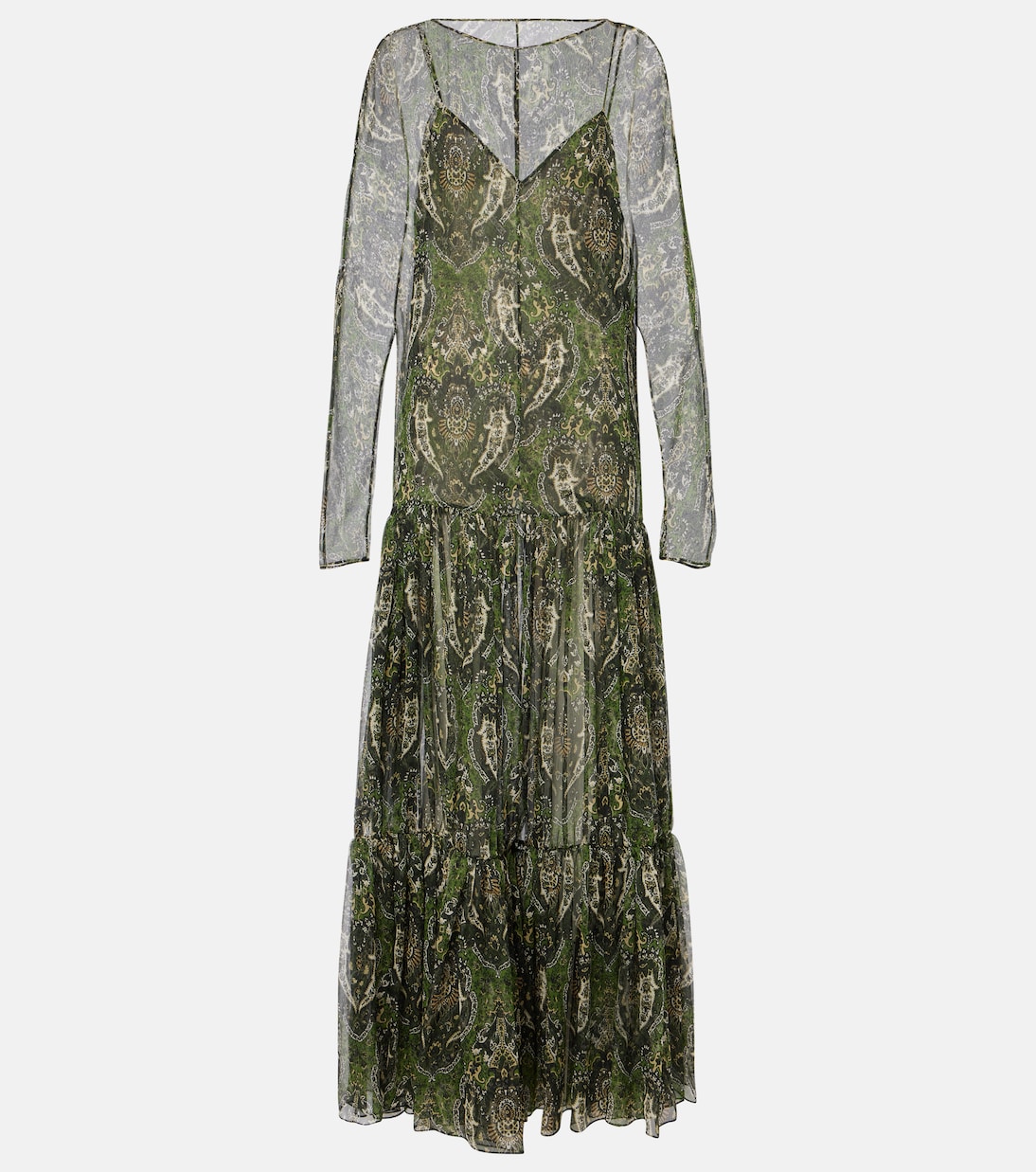

Платье макси из шелкового крепона с узором пейсли Saint Laurent, Vert Multico