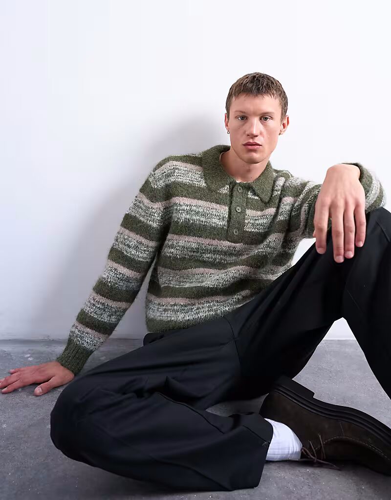 

Свободного кроя трикотажное поло в полоску цвета хаки Topman