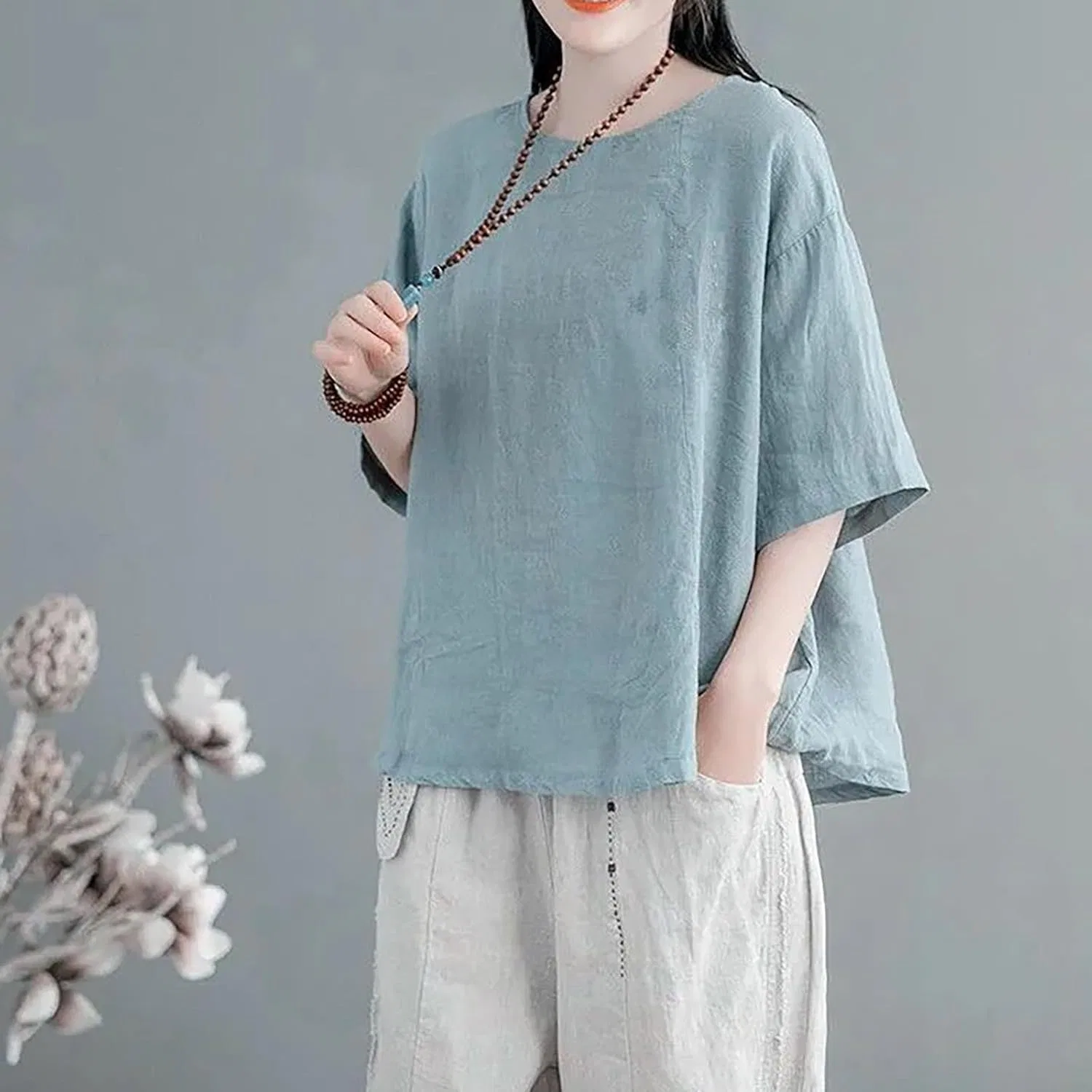 Блуза из хлопка и льна, женская, Oversize, синяя — фото 3