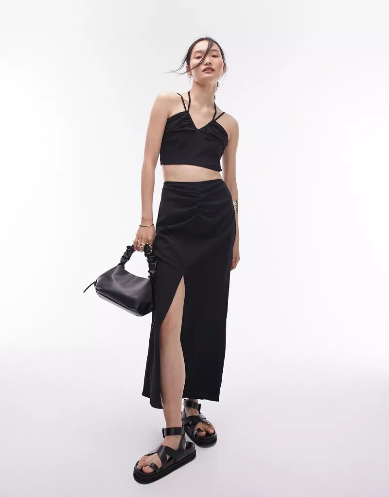 

Черная юбка макси с рюшами по центру Topshop