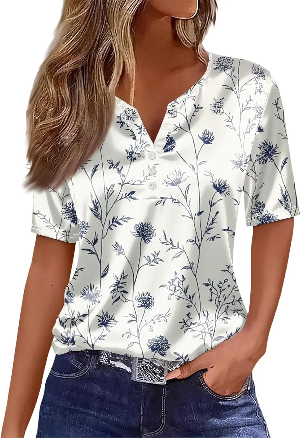 

Женская блузка с принтом и пуговицами V-образный вырез Henley лето 2026 атлас короткий рукав свободный крой