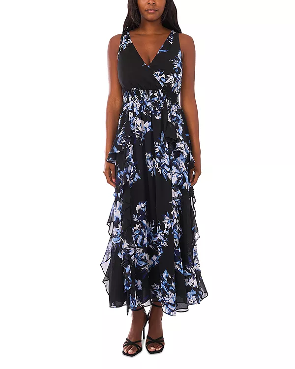 

Макси-Платье без рукавов с V-образным вырезом и оборками 1.State, синий