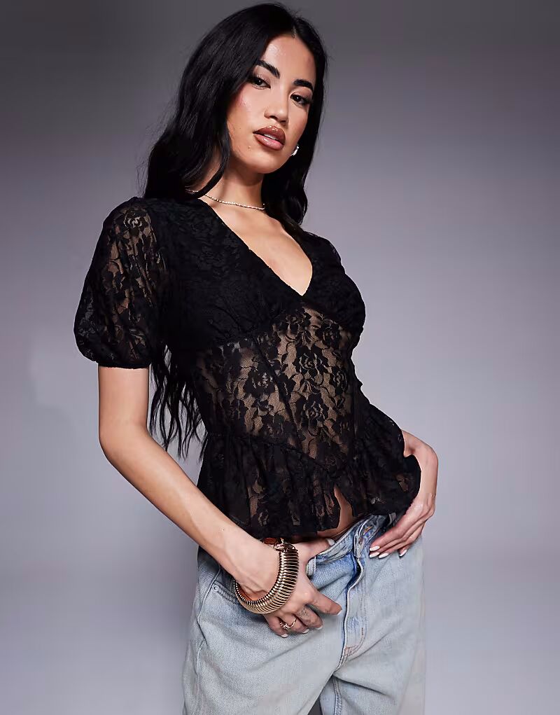 

Черный топ с кружевом и рукавами-буфами ASOS DESIGN