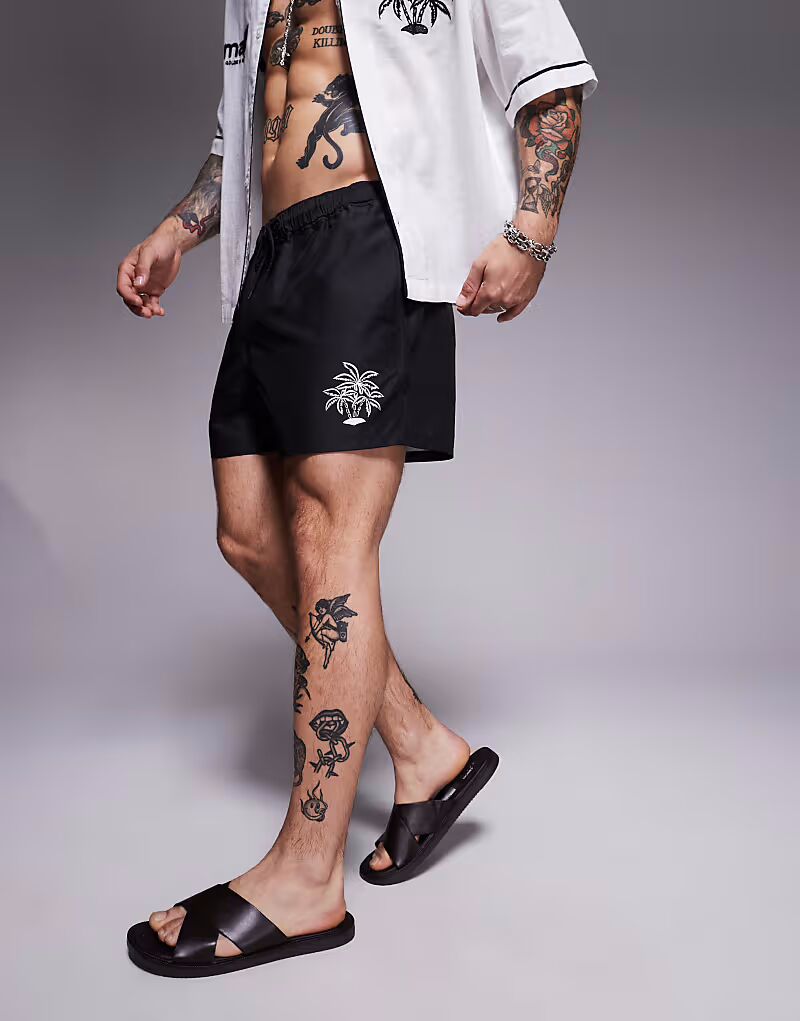 

Короткие шорты для плавания ASOS DESIGN с вышитой пальмой, черного цвета