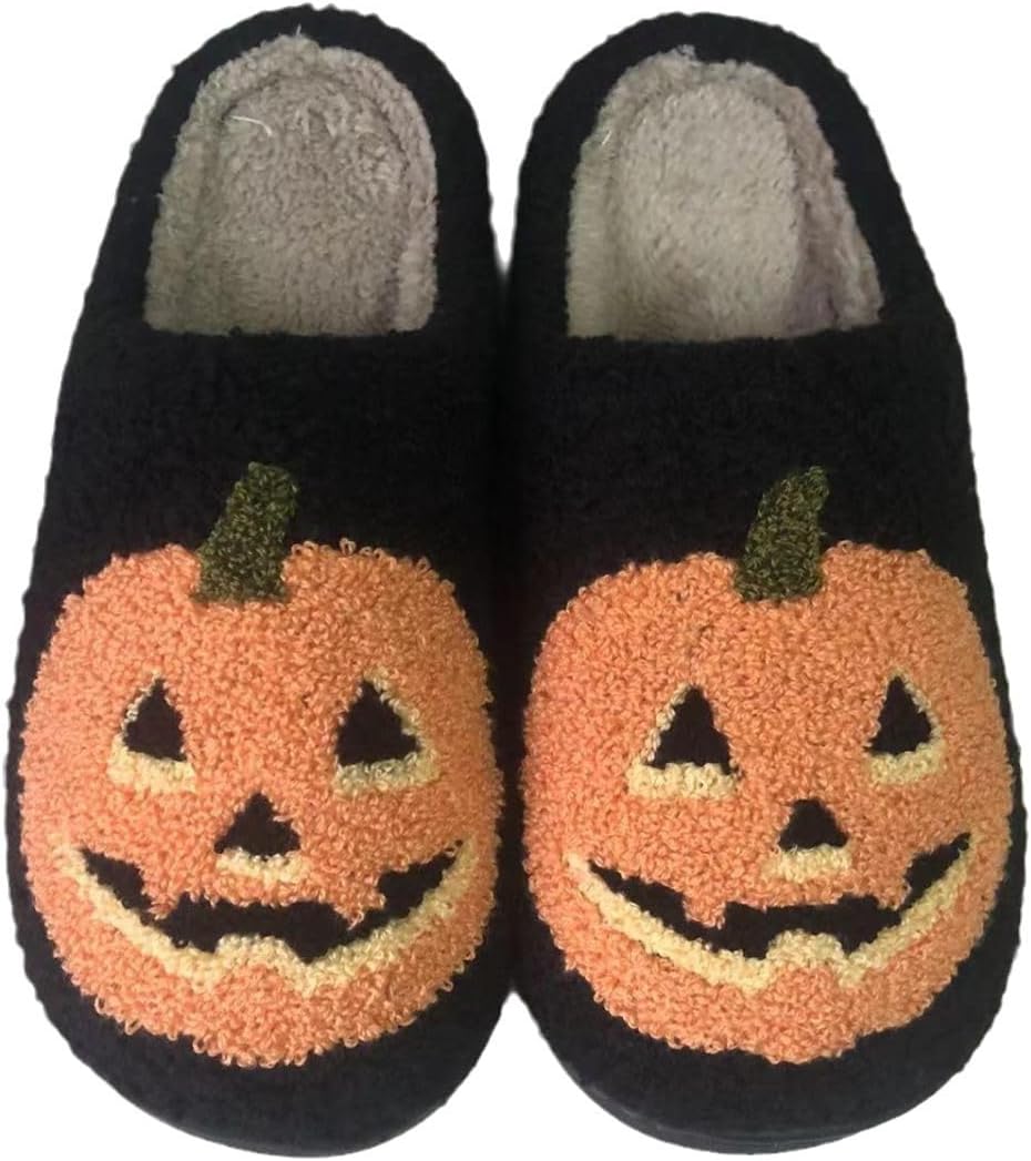 

Забавные сланцы QBTZJ на Хэллоуин для женщин и мужчин, милые плюшевые теплые удобные легкие тапочки для пар, Pumpkin 1