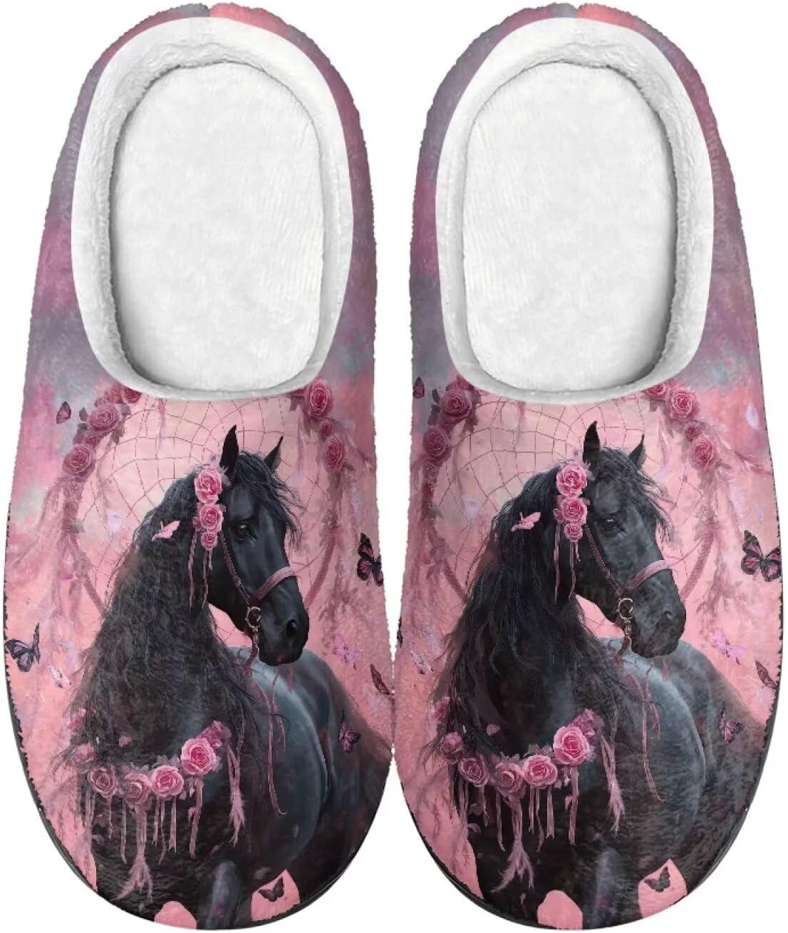 

Тапочки Xpyiqun для женщин и мужчин, домашние слипоны, пушистые теплые зимние тапочки, размер 4-12, Horse Dreamcatcher Butterfly