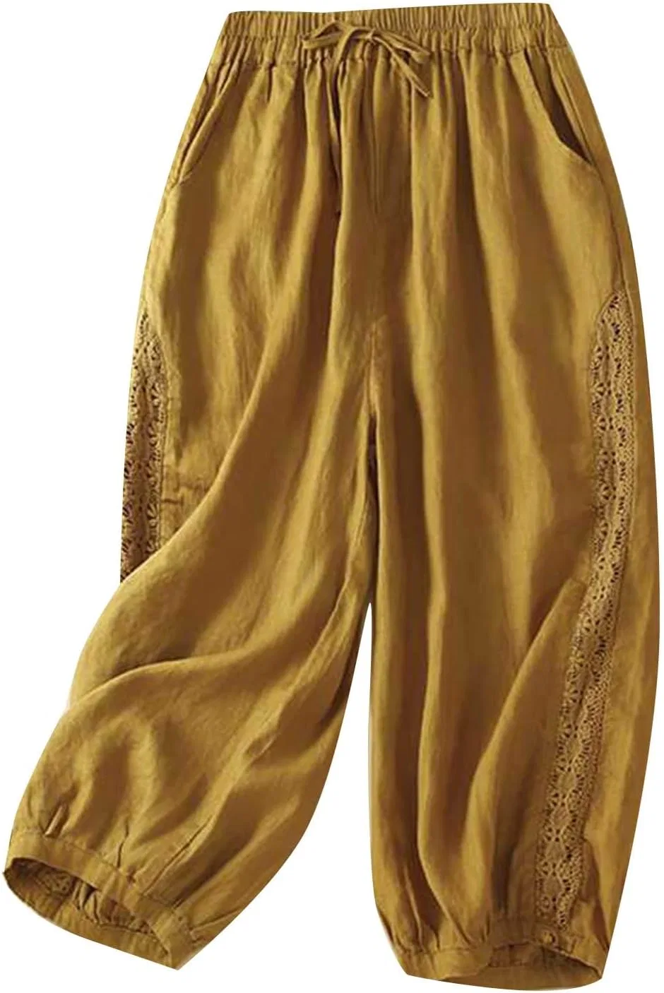 Брюки для активного отдыха женские, широкие, из льна с хлопком, Elastic Waisted, Yellow-2