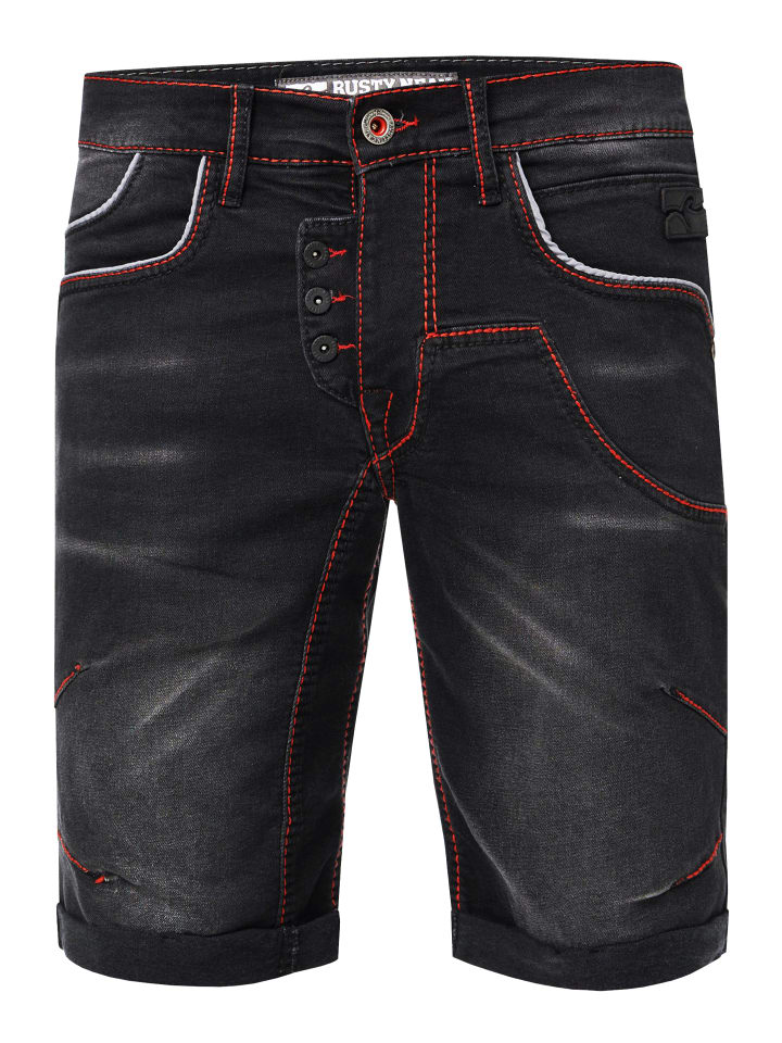 

Rusty Neal Джинсовые шорты "RUBEN" с контрастной строчкой и расстегнутой планкой на пуговицах, черные