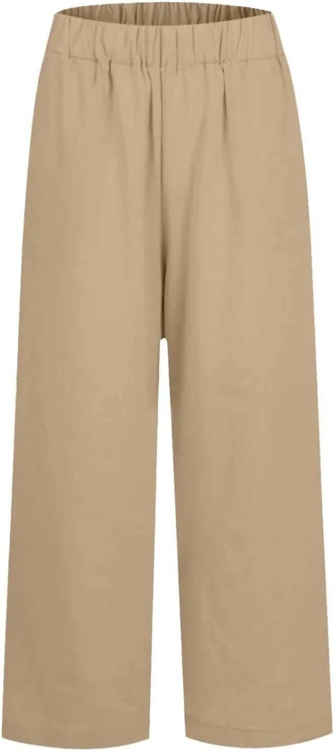 Женские широкие брюки из хлопка и льна, Khaki — фото 4