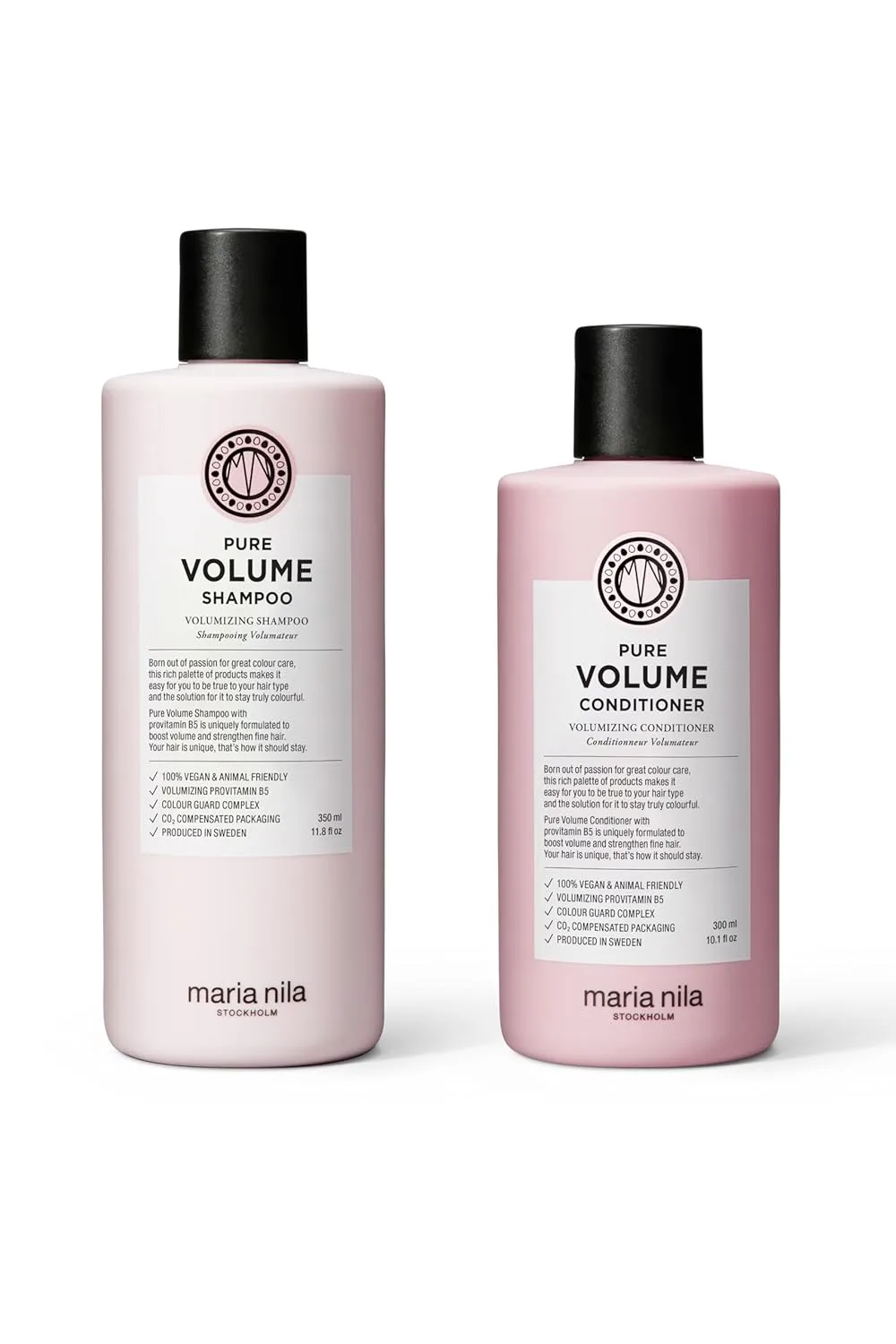Шампунь и кондиционер Maria Nila Pure Volume с витамином B5 придают объем тонким и редким волосам, 100% веганский продукт, не содержит сульфатов и парабенов.