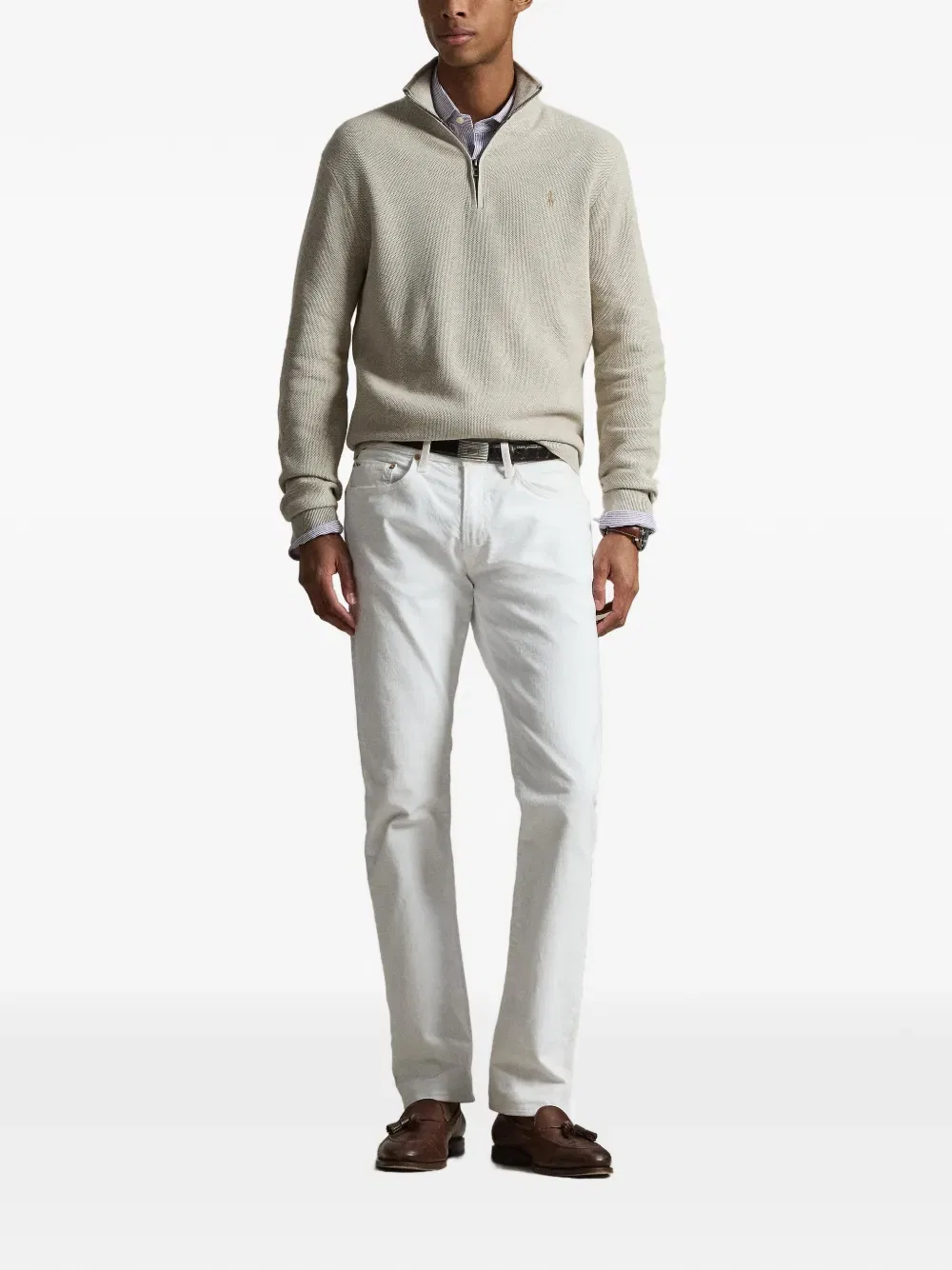 Свитер из сетчатой вязки с застежкой-молнией на четверть длины Polo Ralph Lauren, нейтральный — фото 2
