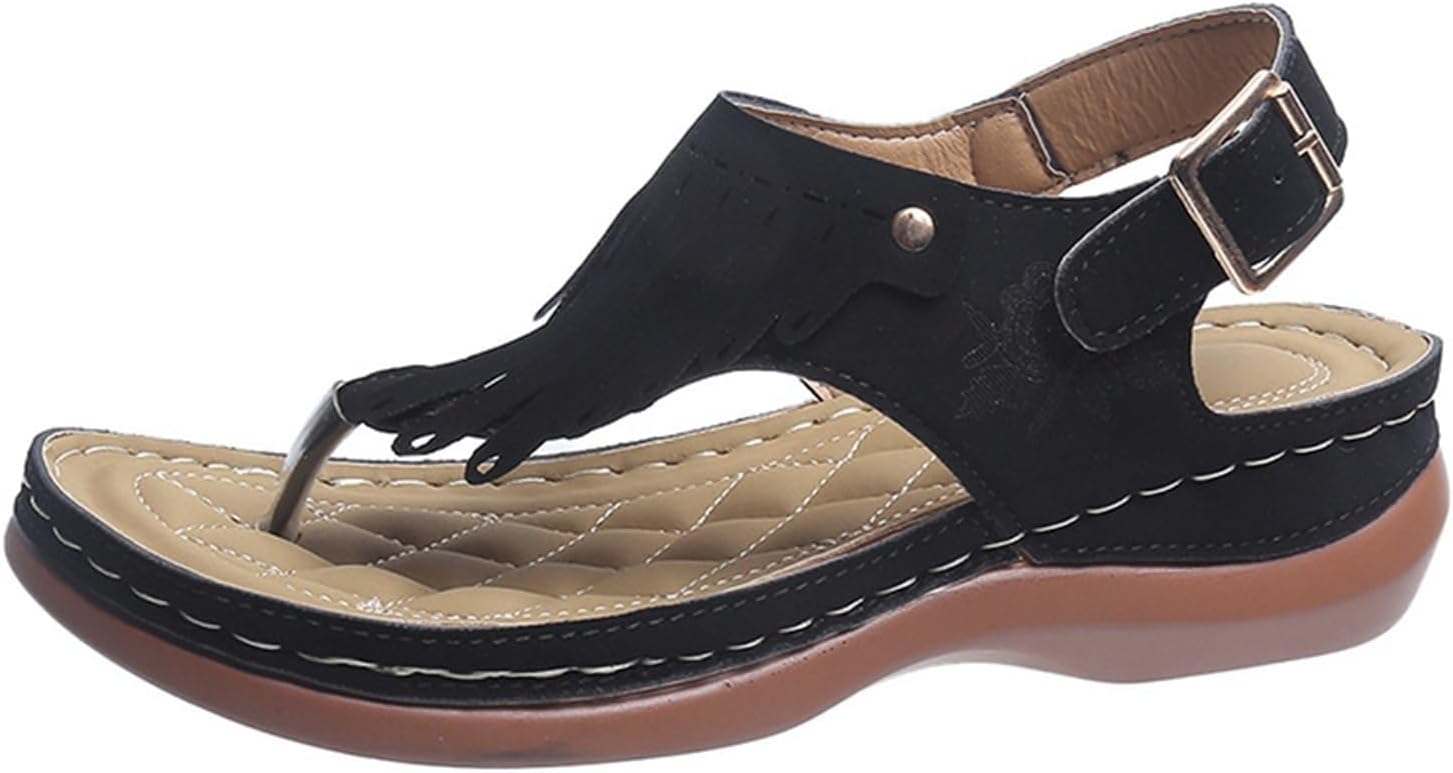 

Летние сандалии на танкетке Kldyj Винтажные платформенные вьетнамки с бахромой из искусственной кожи с зажимом на носке Повседневная пляжная обувь, черный