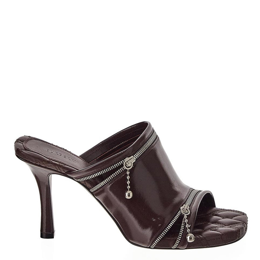 Burberry Leather Zipper Stiletto Mule Sandals, Poison