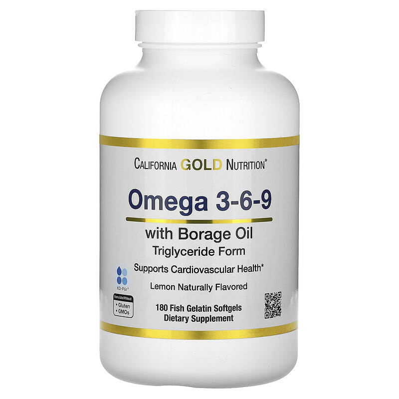 

California Gold Nutrition, омега 3–6–9, с рыбьим жиром с омега-3 и маслом из семян бурачника, ЭПК, ДГК, ГЛК и линолевой кислотой, натуральный лимонный вкус, 180 капсул