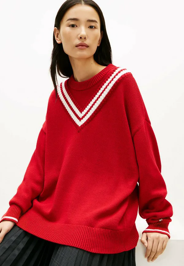 Двуслойный свободный джемпер для крикета с круглым вырезом Tommy Hilfiger, Medium Red — фото 4