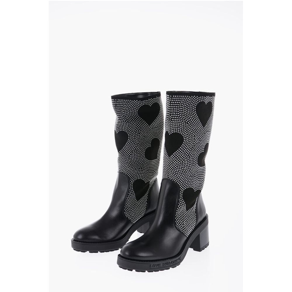 Сапоги LOVE с заклепками и кожаными деталями 8 см Moschino, Black