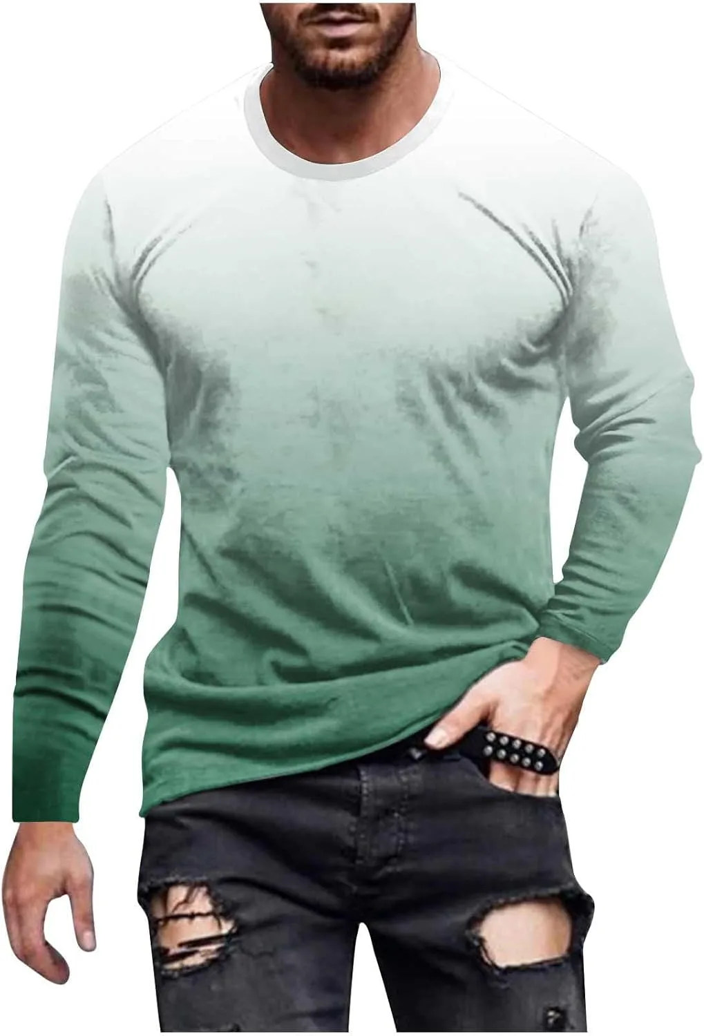 

Футболка с длинным рукавом для мужчин, Casual Gradient Tie Dye, Slim Fit QUNPIU
