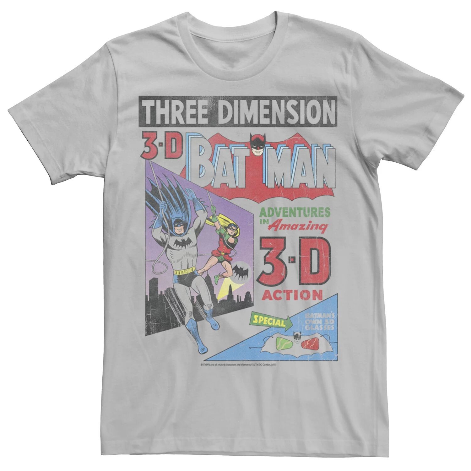 

Мужская винтажная футболка с обложкой комиксов Batman Three DiMension DC Comics, серебристый