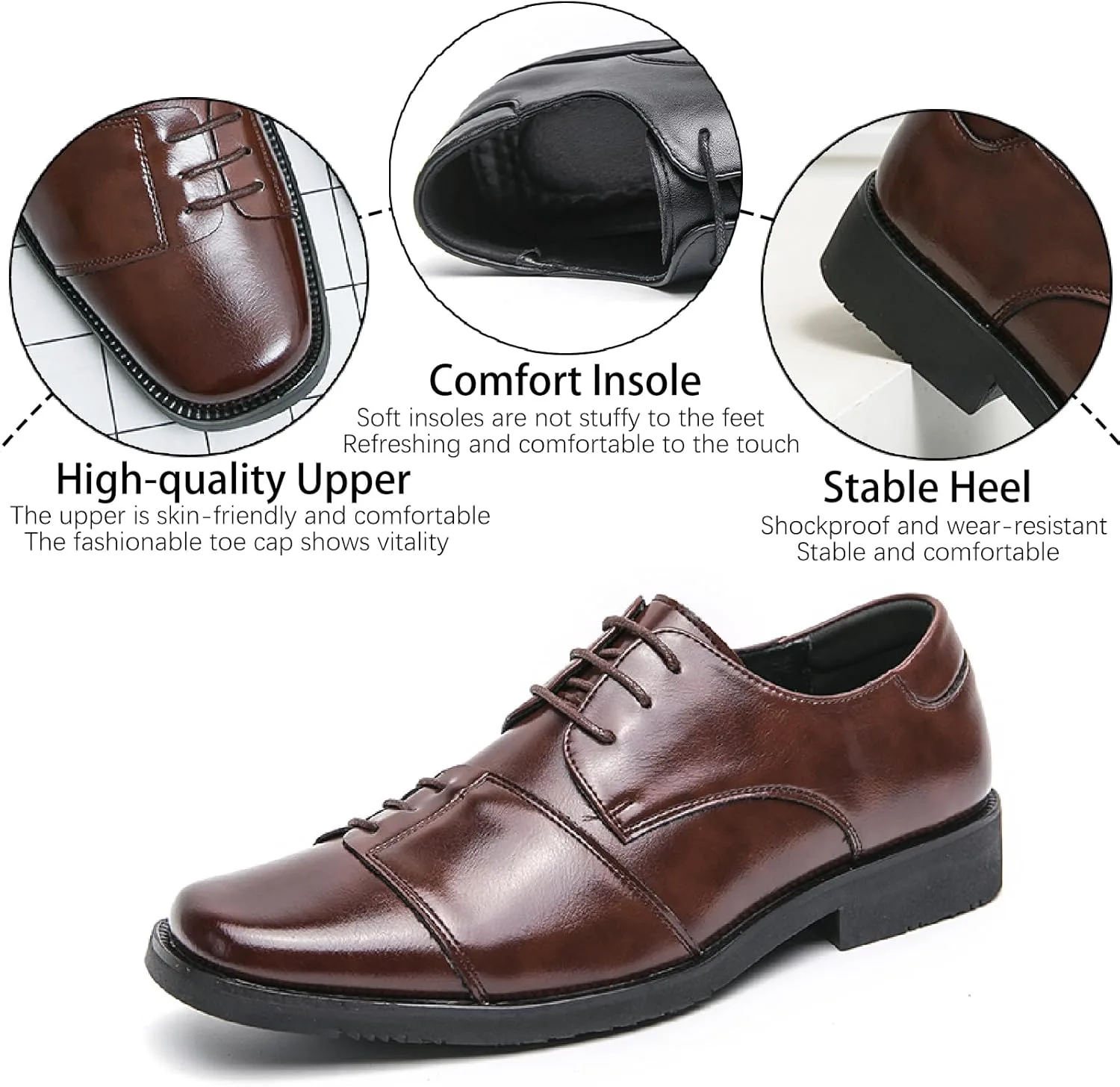 Мужское кожаное шнуровка, формальное платье Oxfords Fashion Comfort, платье с квадратным носком на каблуке, кожаные туфли для офисного свадебного бизнеса, лоферы EGEBS, коричневый — фото 3
