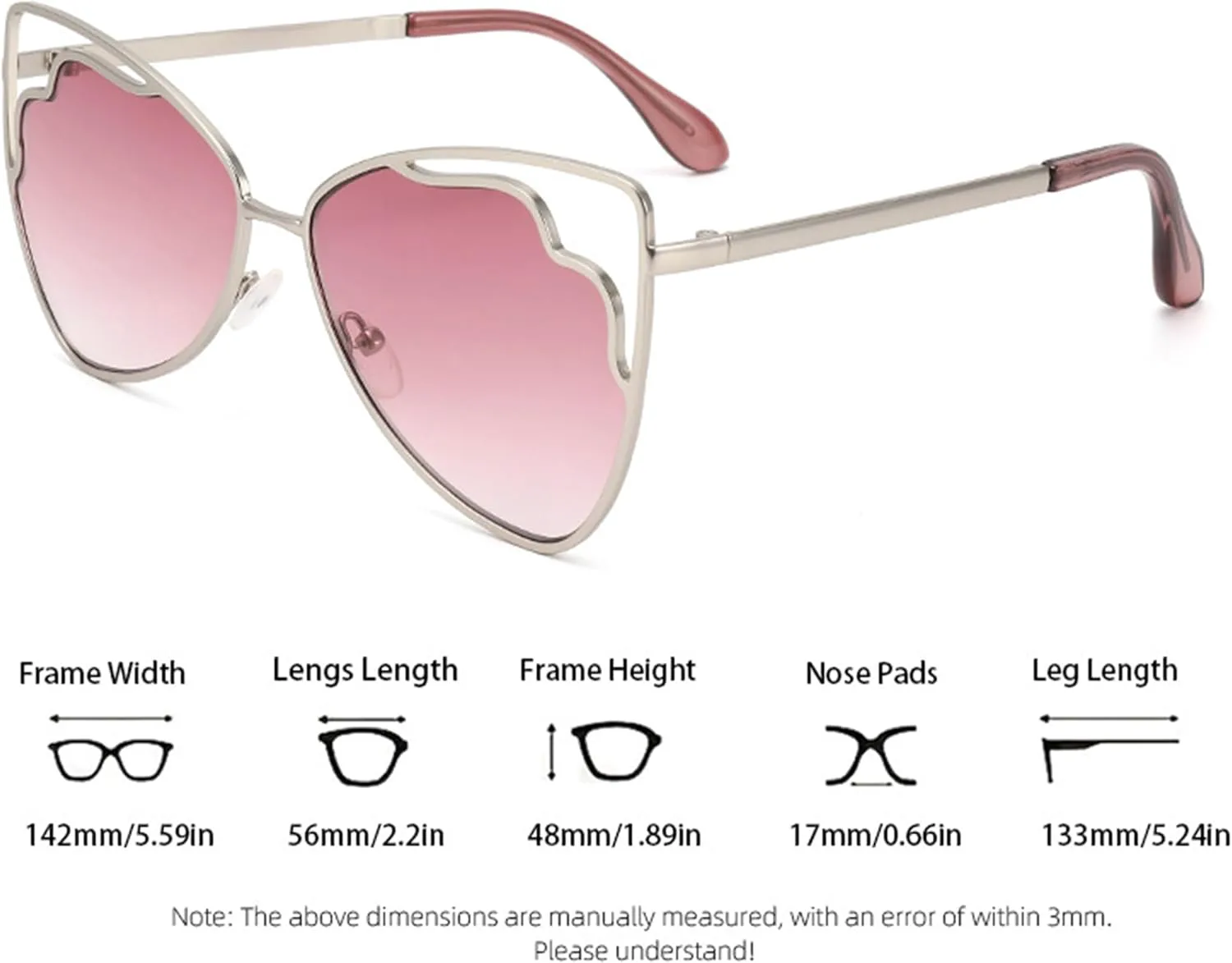 

bullabulling Большие солнцезащитные очки «кошачий глаз» Модные узкие стильные трендовые с большими линзами Металлическая оправа Защита UV400, Silver/Pink