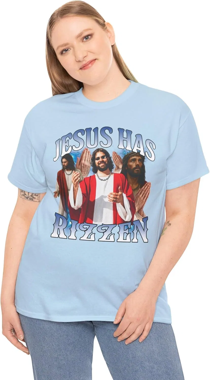 Футболка Jesus Has Rizzen, смешная христианская мемная футболка, данк-мемы, винтажный бутлег в стиле 90-х GENERIC, светло-голубой — фото 4