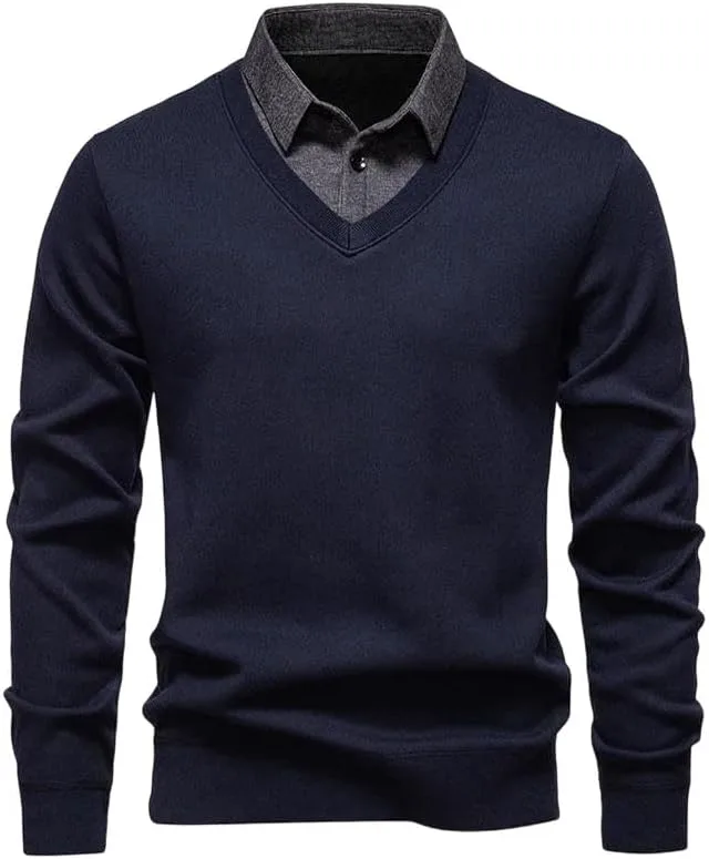Мужской вязаный свитер slim fit с отложным воротником и флисовой подкладкой