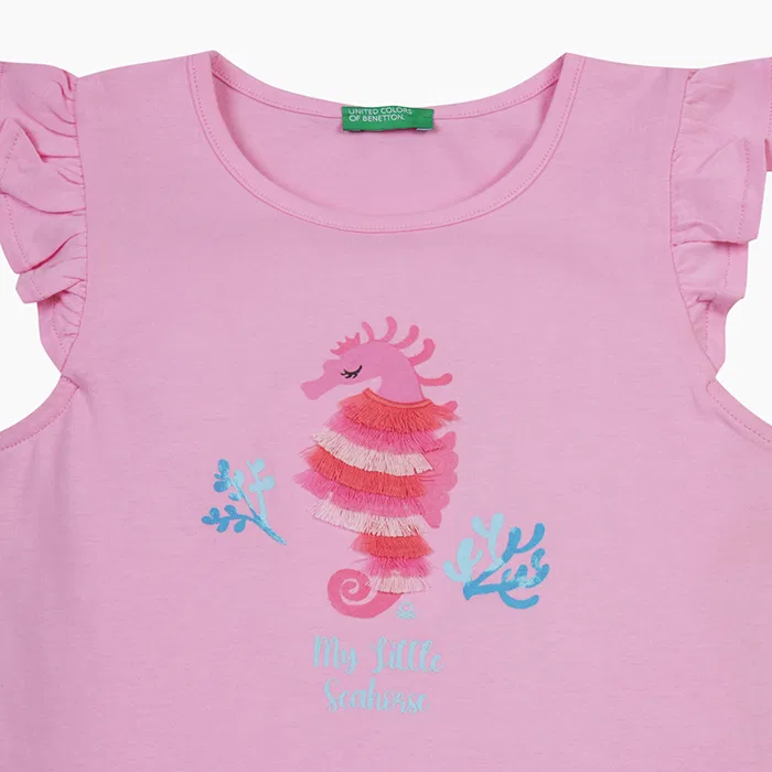 Детская футболка с рюшами на рукавах розовая от Benetton Kids — фото 3