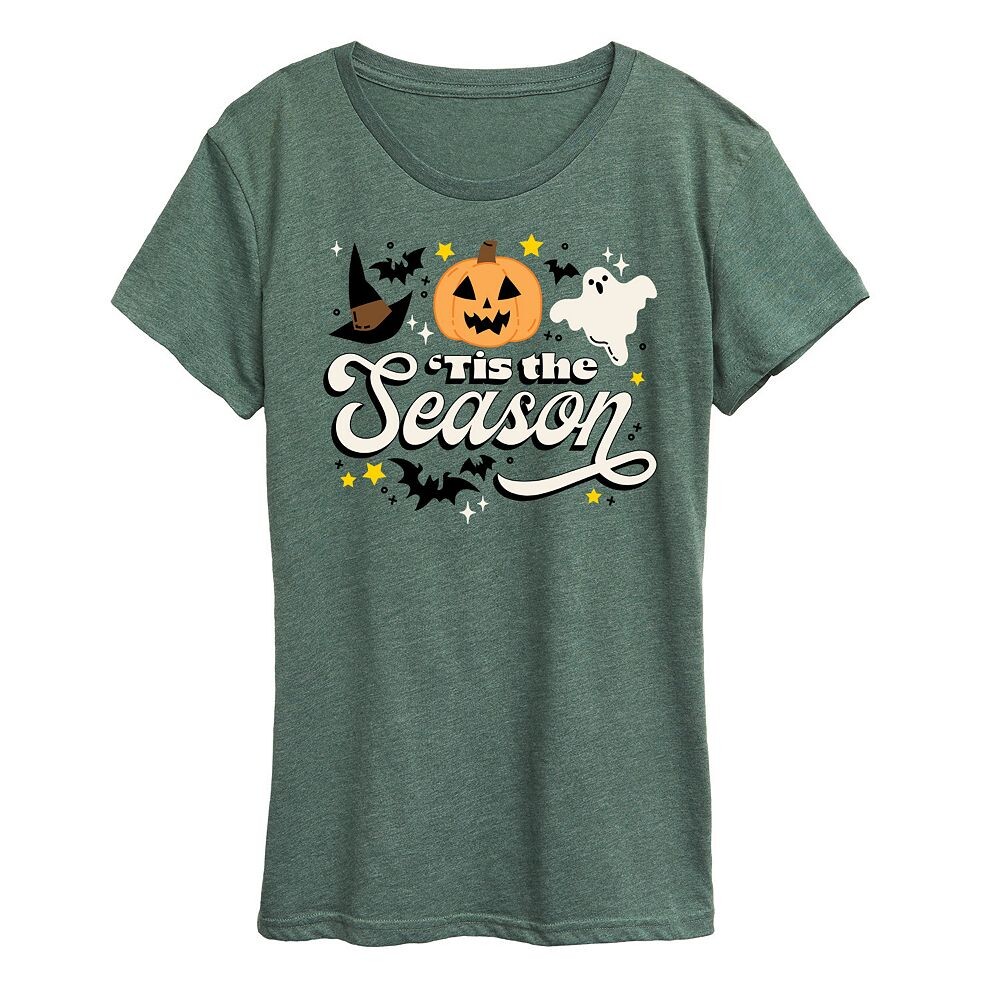 

Женская футболка с рисунком «Tis The Season» на Хэллоуин, цвет Heather Green