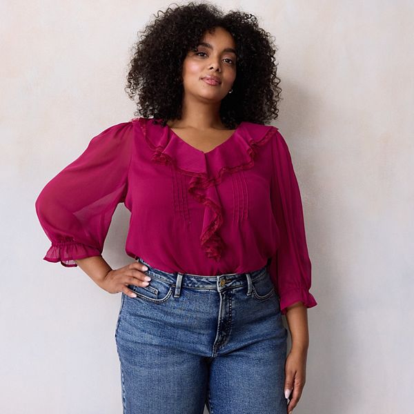 

Блуза с рюшами и защипами спереди, с рукавом 3/4, размера plus size Lc Lauren Conrad, Berry Sauce
