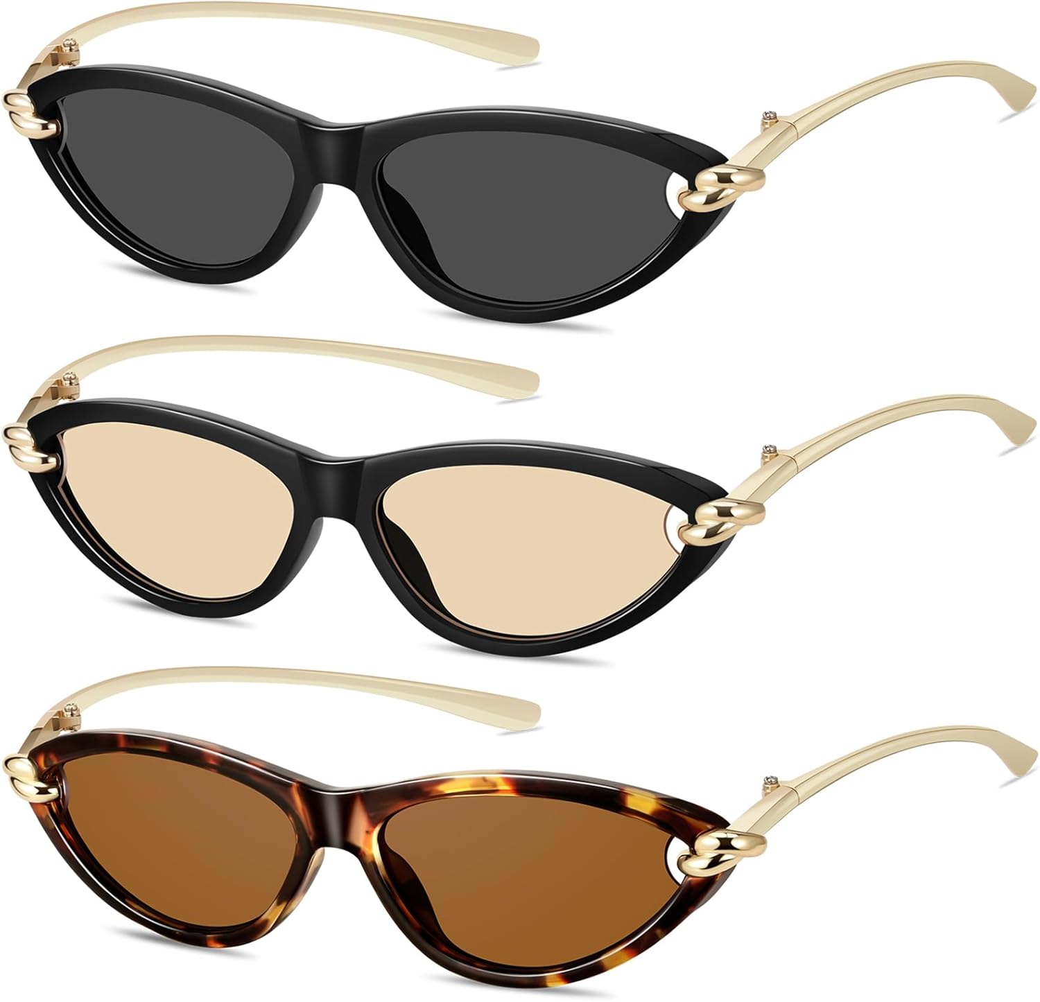 

Ретро-солнцезащитные очки «кошачий глаз» овальной формы для женщин, в стиле Y2k, модные узкие линзы, металлические дужки, защита от УФ-излучения YMRFW, 3pack (Black/Gray+black/Champagne+tortoise/Tea)