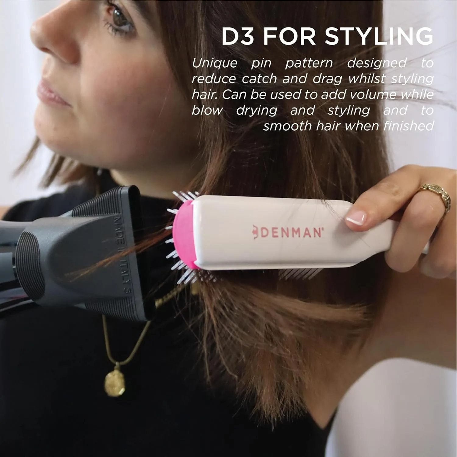 Denman D3 Original Curl Definer & Styler, щетка для вьющихся волос для женщин и мужчин - 7 рядов для распутывания и создания локонов, White & Pink — фото 4