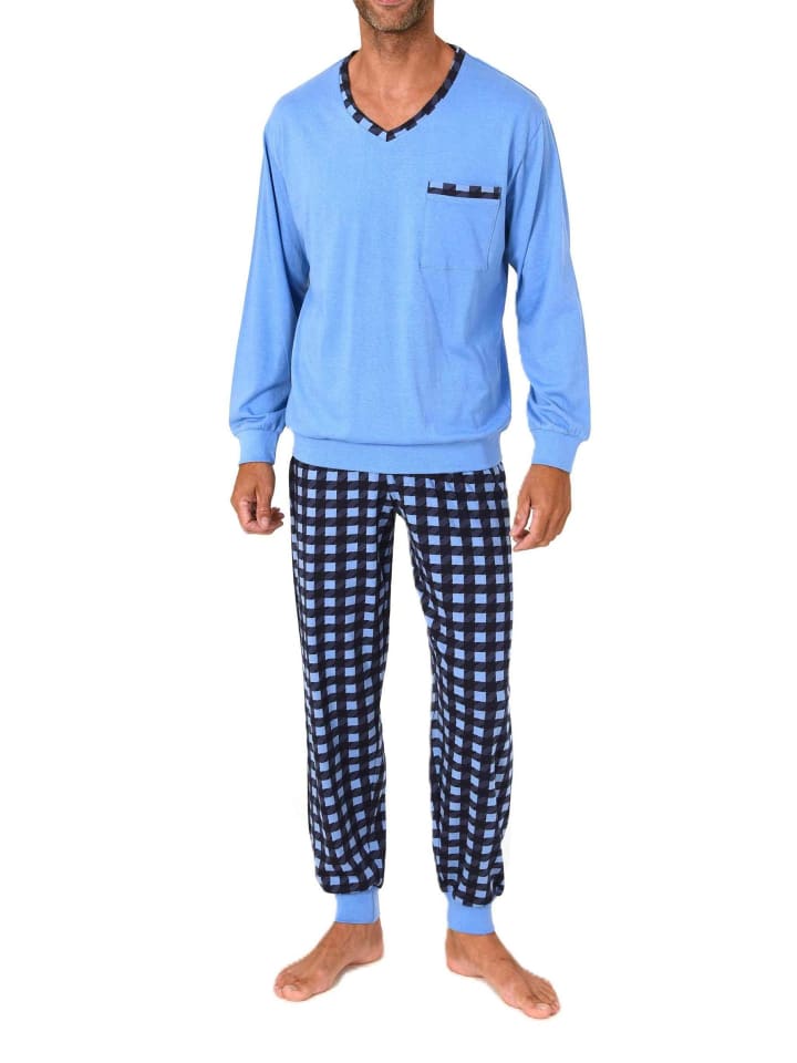 

NORMANN Пижамный комплект с длинными рукавами и манжетами, а также клетчатые трикотажные пижамные штаны светло-голубого цвета