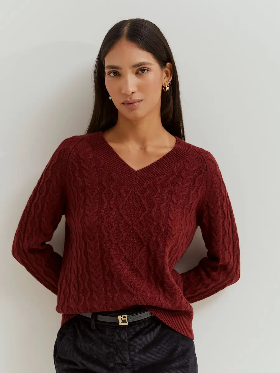 

Женский свитер из шерсти с V-образным вырезом Lion of Porches, бордовый