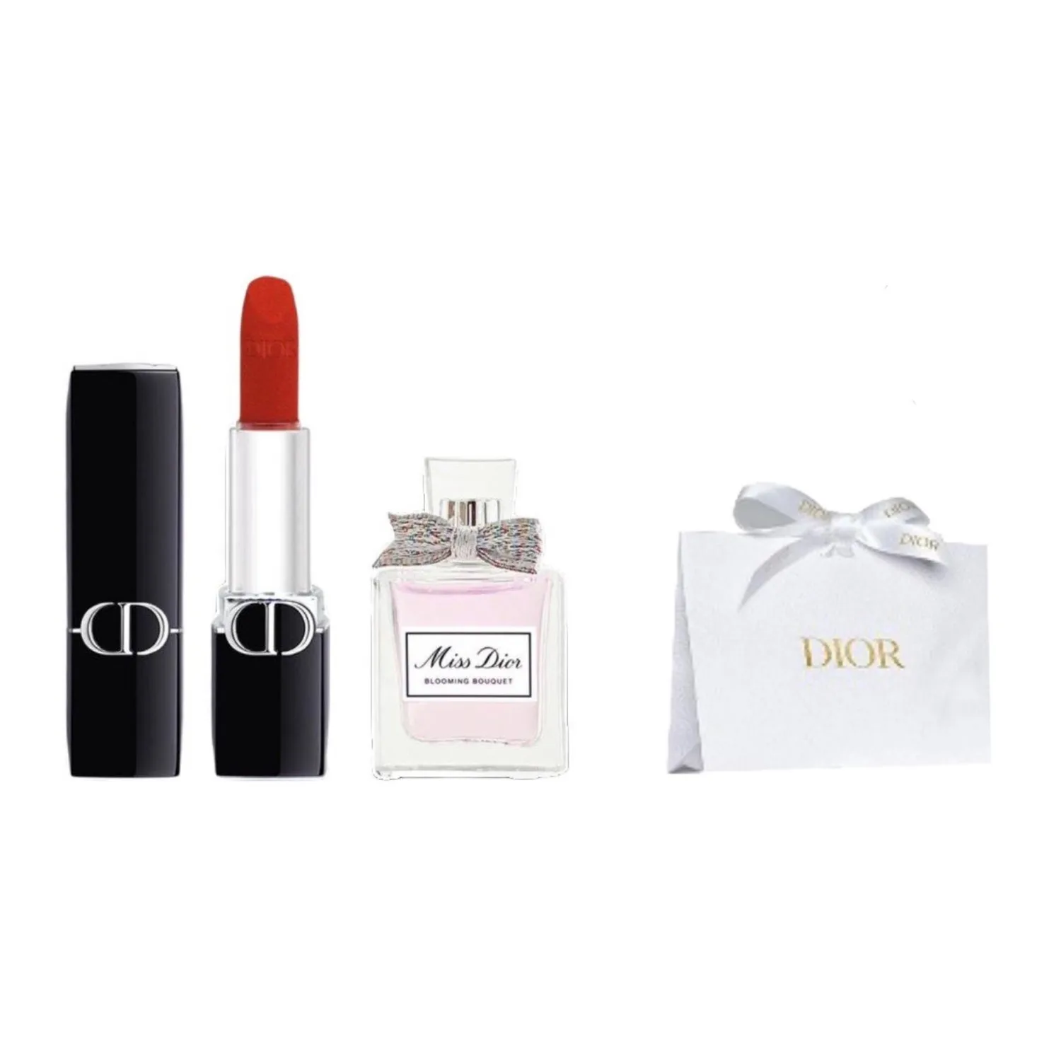 DIOR Пробник помады и парфюма Velvet Satin 1.5г+5мл подарочный набор, #999 Satin 1.5g+Floral Perfume 5ml+Dior Gold Edge Shopping Bag
