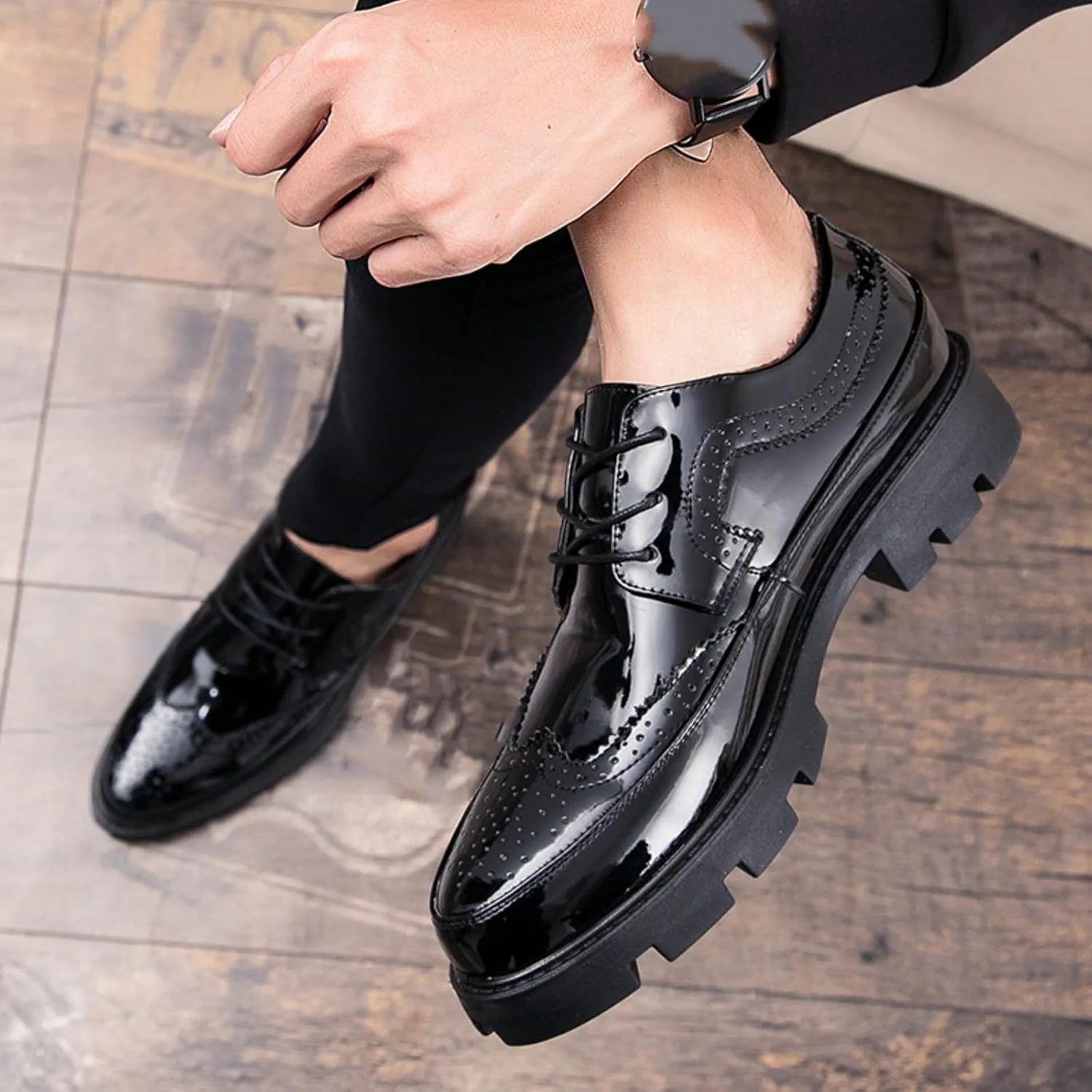 Men's Brogue Wingtip Oxford Shoes - Premium Patent Genuine Leather Chunky Heels with Lug Sole for Business Formal Church Wedding Zentavi, черный — фото 2