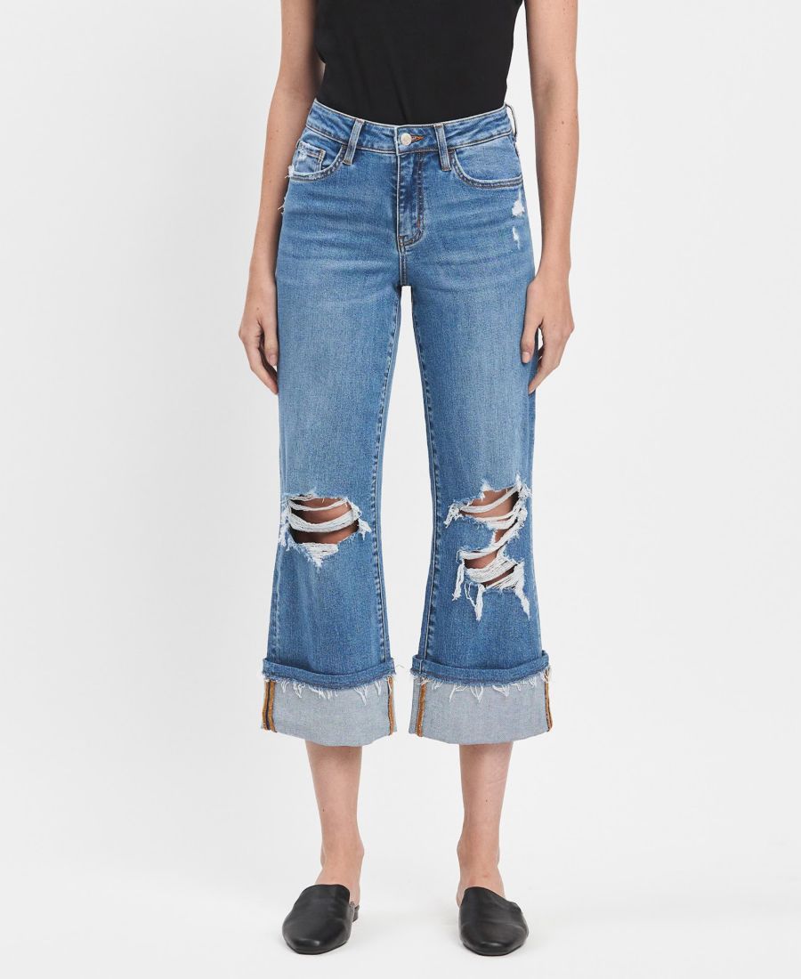 

Женские джинсы с высокой посадкой, манжетами и широкими штанинами Vervet, Attendant blue