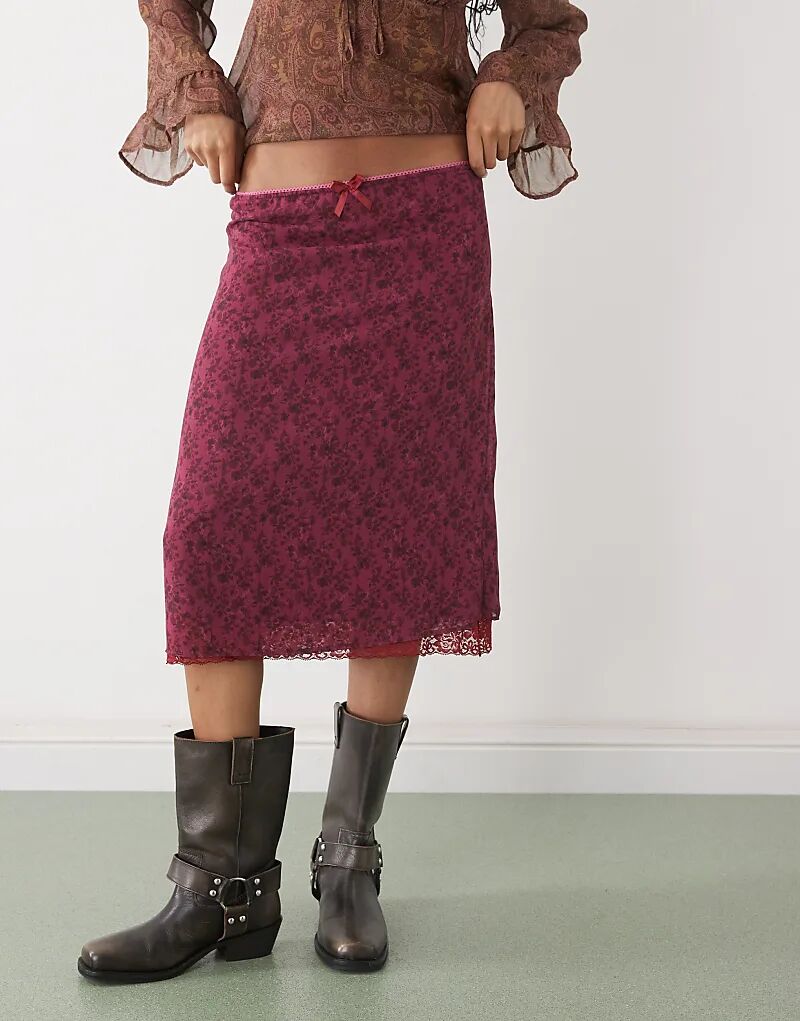 

Юбка миди Reclaimed Vintage с розовым цветочным принтом и коричневым оборкой по подолу