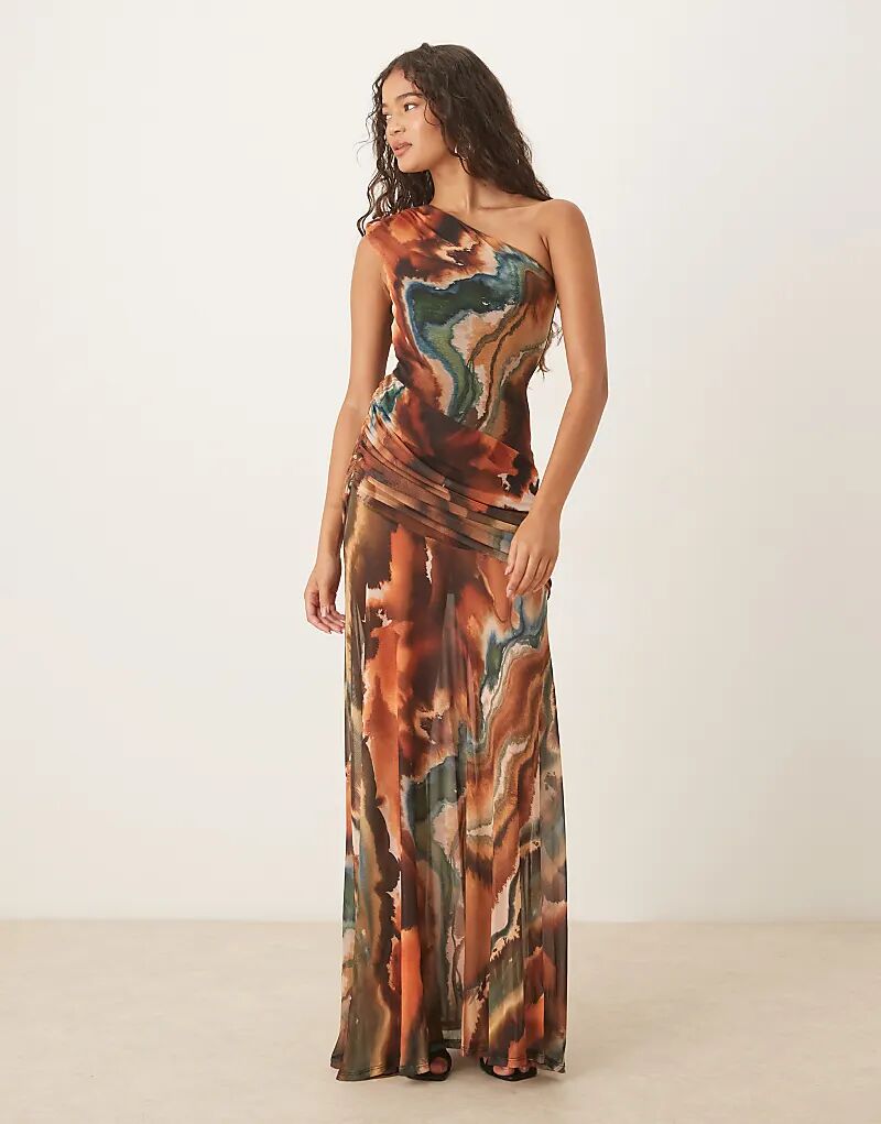 

Платье макси ASOS DESIGN с сетчатым принтом на одно плечо, отделкой в ​​виде резинки и пышной юбкой с мраморным принтом