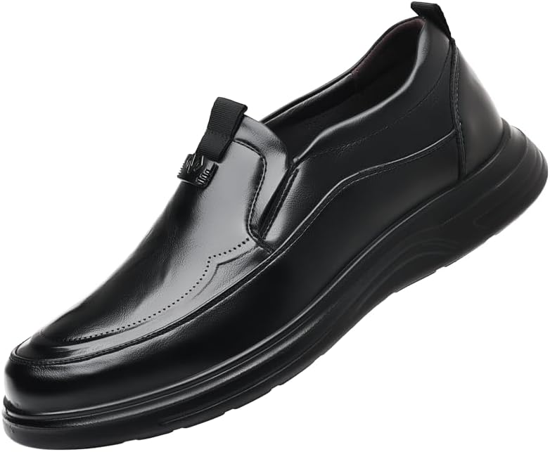 

Мужские кожаные деловые туфли повседневного стиля Без шнурков Формальные лоферы Классический закругленный носок Нескользящая плоская подошва Подходят для работы, прогулок, вечеринок и свадеб Lhyxu, черный