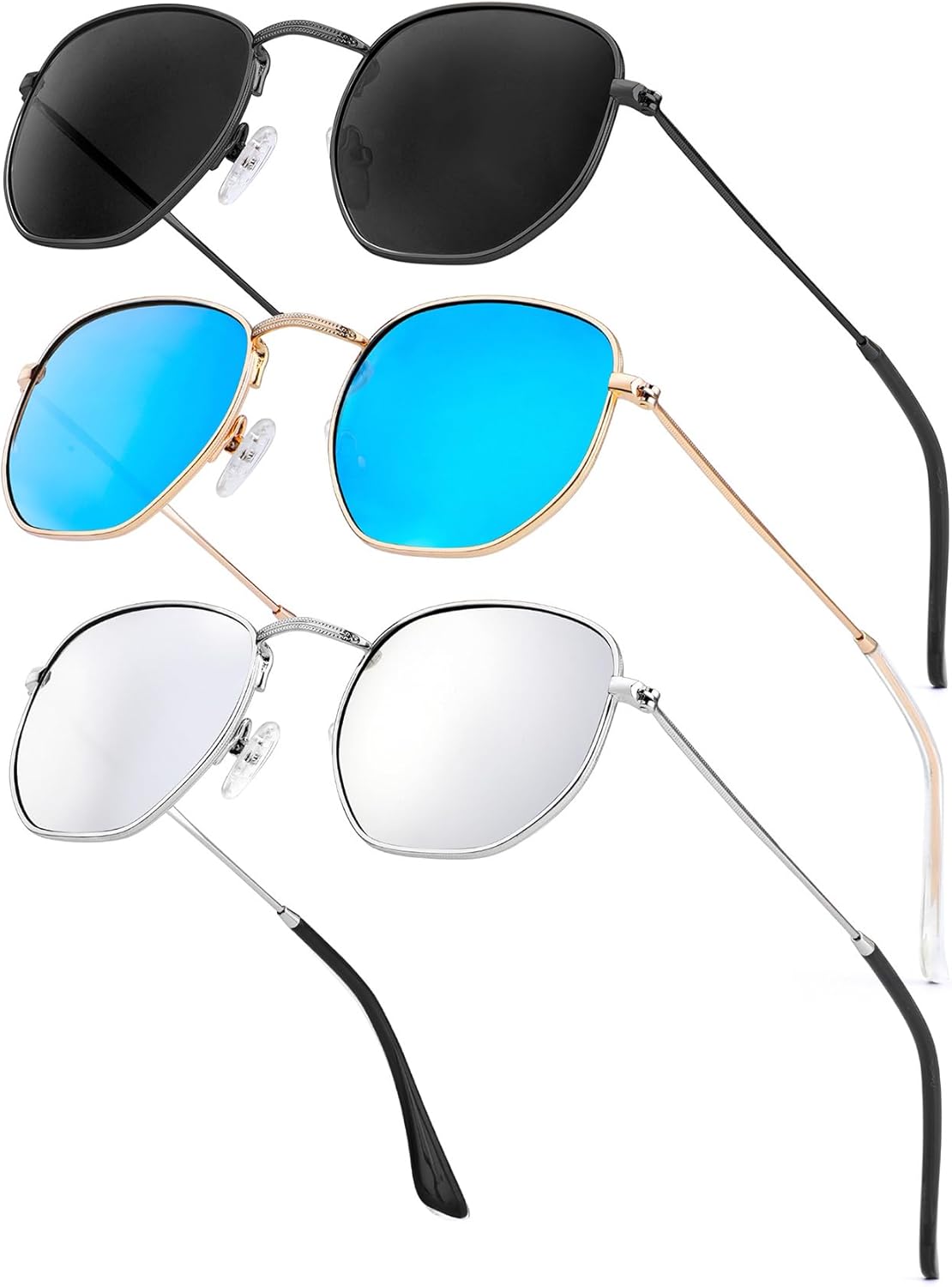 

Солнцезащитные очки KALIYADI для женщин и мужчин, поляризованные, квадратная форма, защита от УФ-излучения, модная шестиугольная металлическая оправа, C5 (3 Pack) Black/Grey + Gold/Blue + Silver/Silver (Hexagonal)