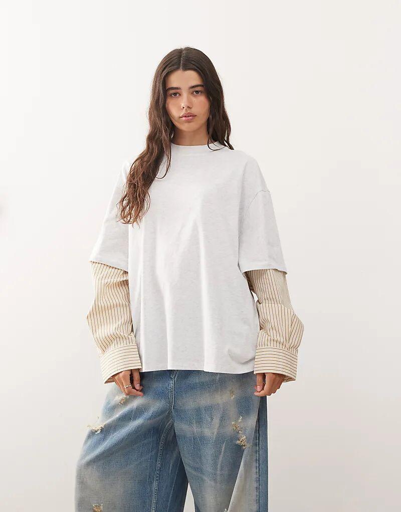 

Лонгслив Lioness 2 в 1, объемная накладка и полосатая рубашка с длинными рукавами в белую и бежевую полоску