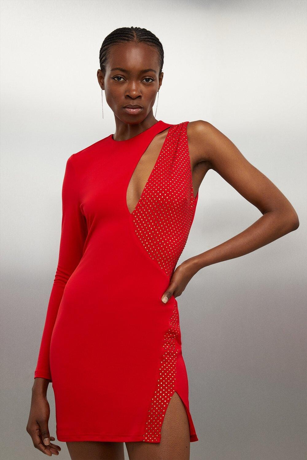 

Мини-платье из крепа из джерси с декором и вставками Karen Millen, красный