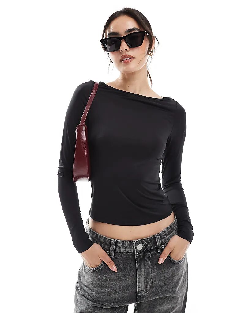 

Лонгслив Monki с длинными рукавами и вырезом-лодочкой черного цвета