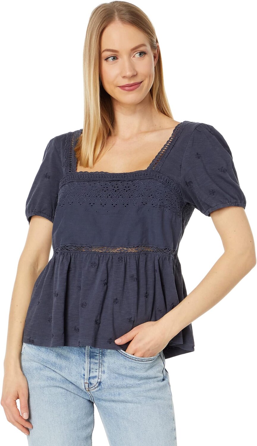 

Топ Schiffley с баской и пышными рукавами Lucky Brand, цвет Black Beauty