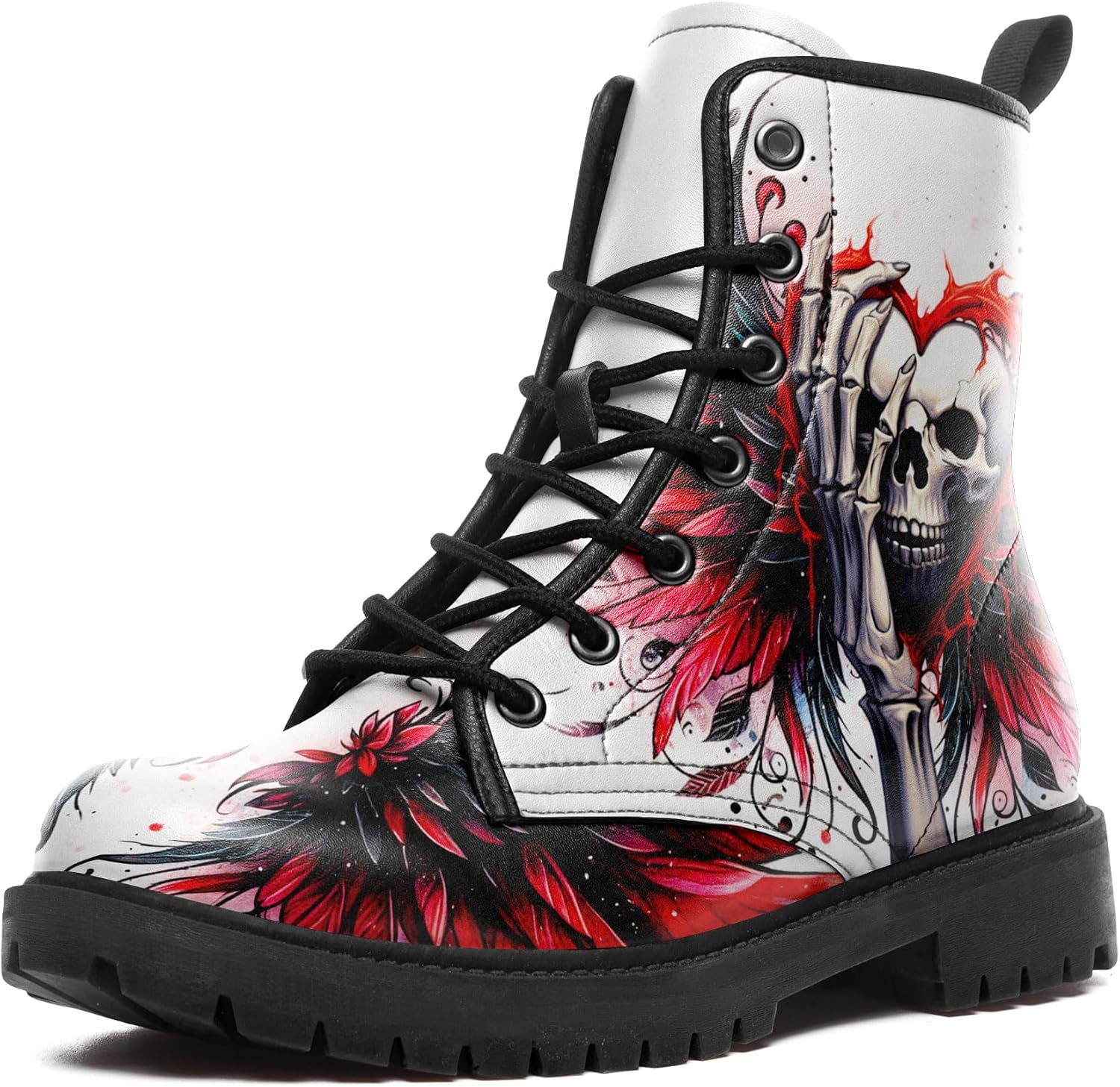 

Унисекс готические панк-бутсы с черепом и розой, кожаные ботильоны на шнуровке для косплея, походов, мотоцикла и повседневной носки AWSOLE, Red Heart White Black