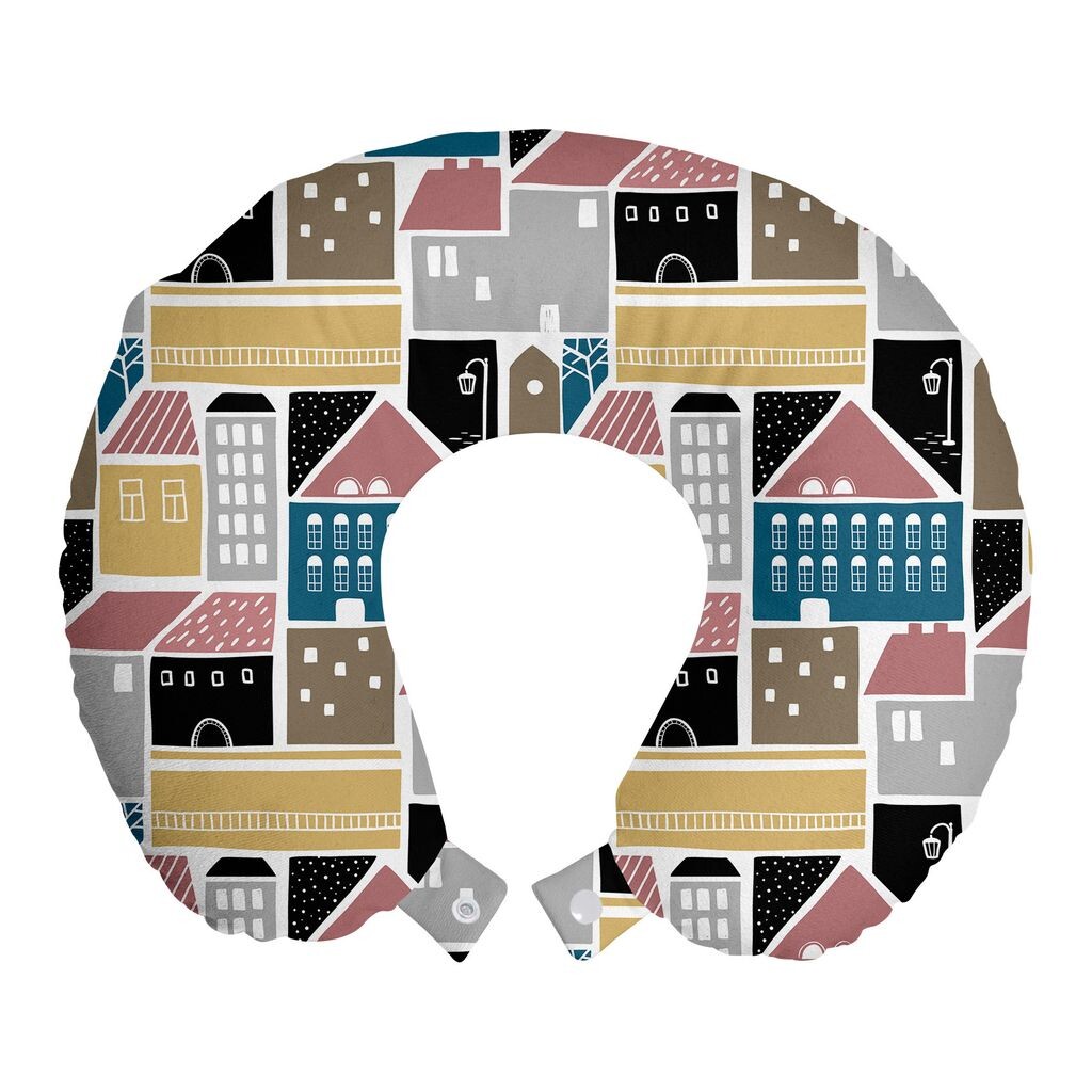 

ABAKUHAUS Doodle Подушка для путешествий, поддержка шеи, красочные здания старого города, пенопластовые дорожные принадлежности для самолета и автомобиля, 30x30 см, разноцветные