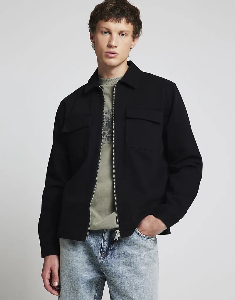 

Саржевая рубашка на молнии черного цвета River Island